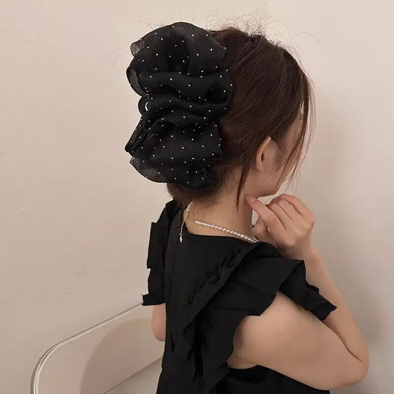 Oversized Black Silk Hair Clip with Pearl Accent