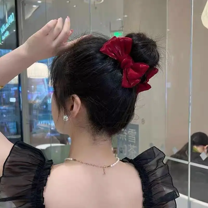 Oversized Black Silk Hair Clip with Pearl Accent