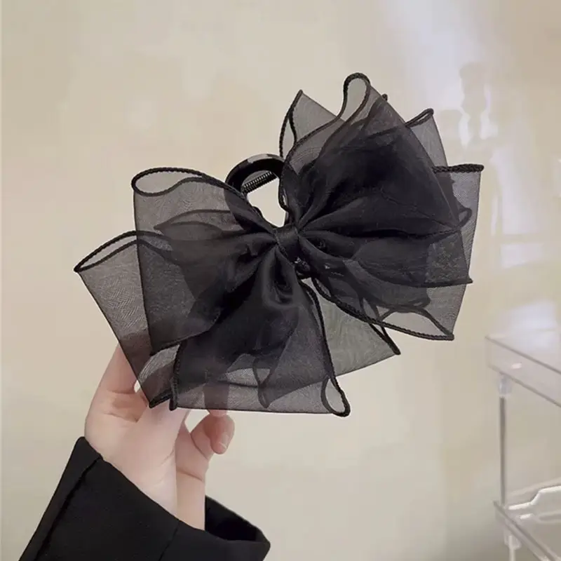 Oversized Black Silk Hair Clip with Pearl Accent