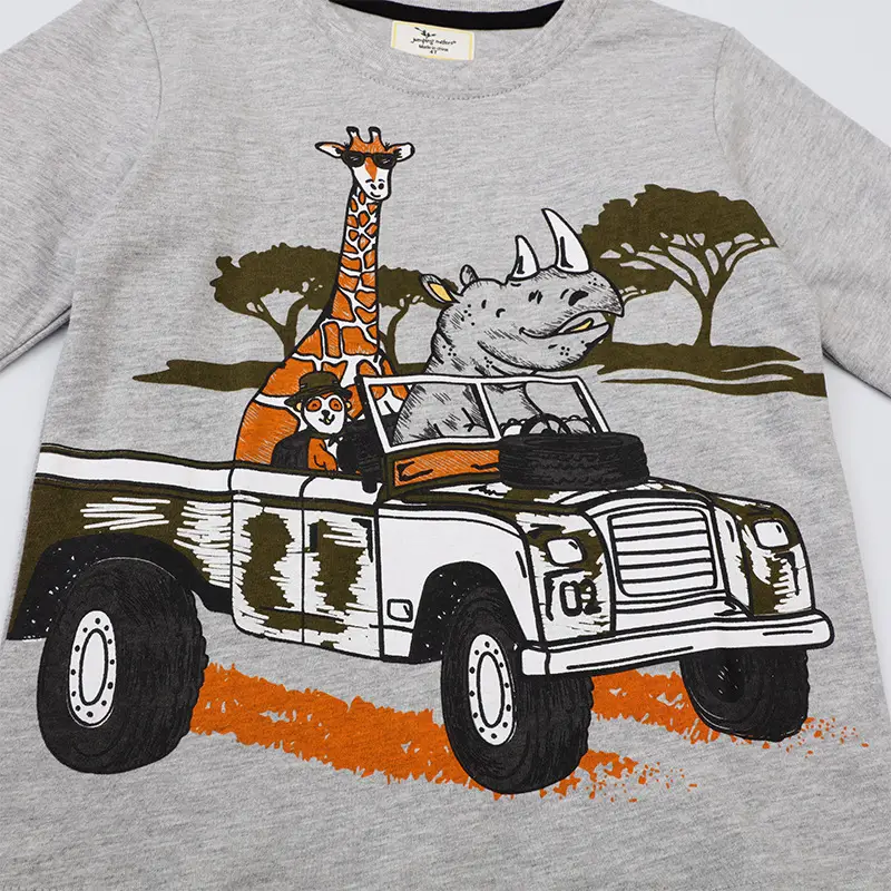 Boys T-shirt Giraffe Rhino Truck Print Gray Casual