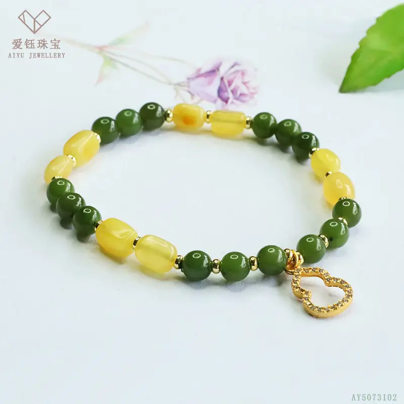 Green Jade Bracelet with Heart Charm for Women