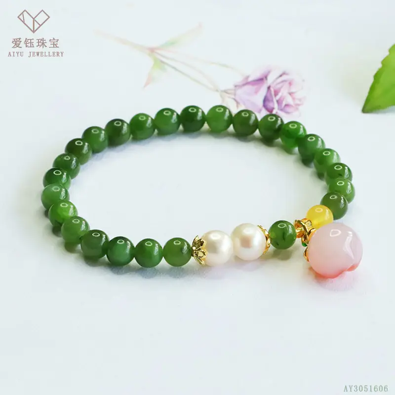 Green Jade Bracelet with Heart Charm for Women