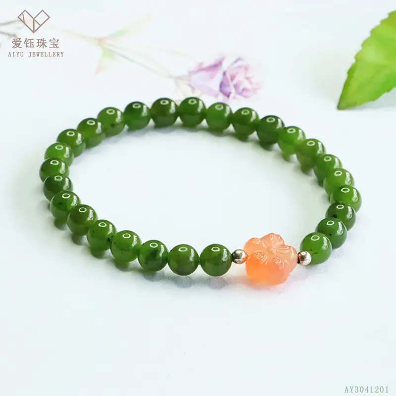 Green Jade Bracelet with Heart Charm for Women