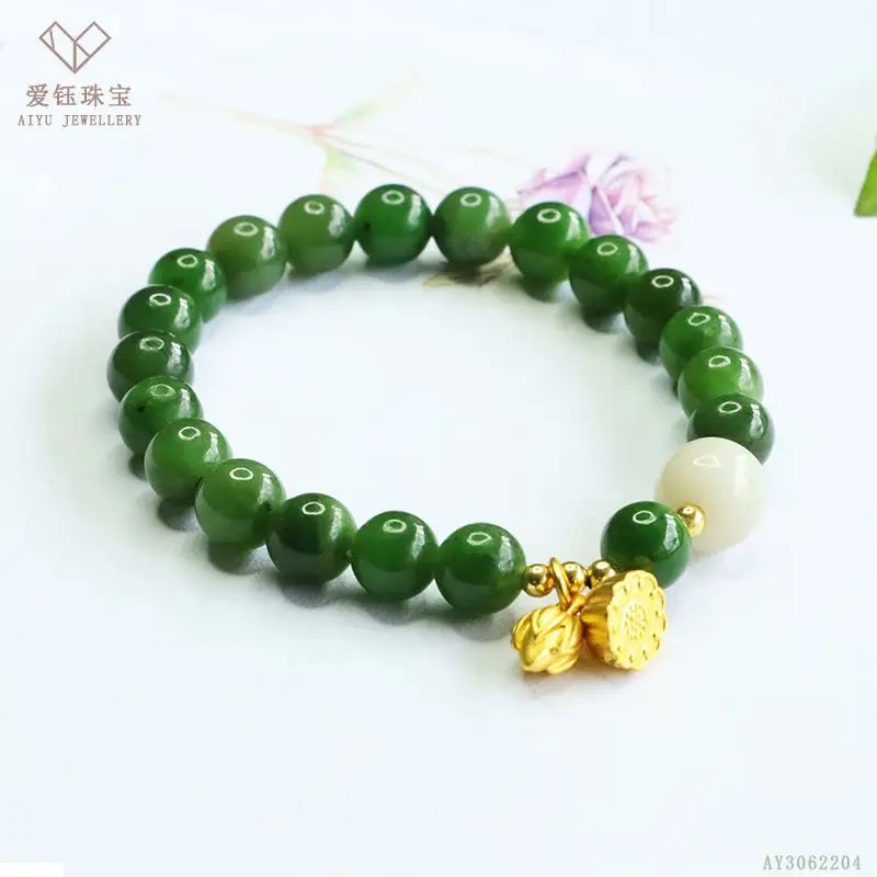 Green Jade Bracelet with Heart Charm for Women