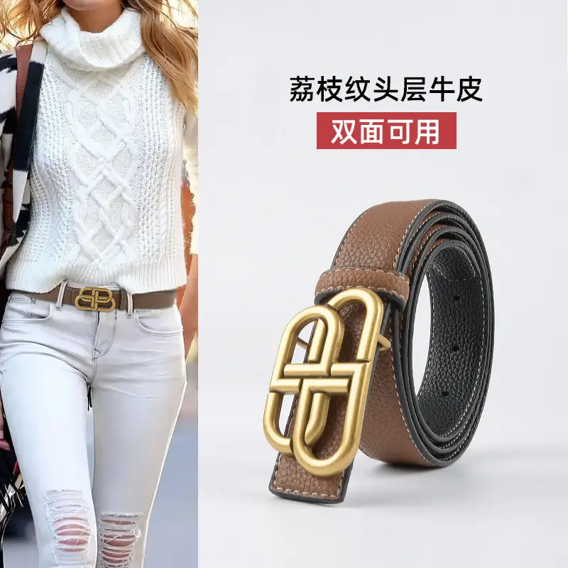 Women's Black Leather Belt with Gold Logo - Image 12
