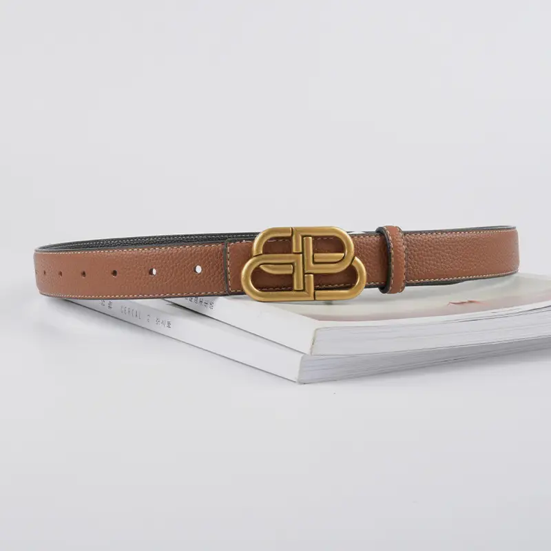 Women's Black Leather Belt with Gold Logo - Image 14