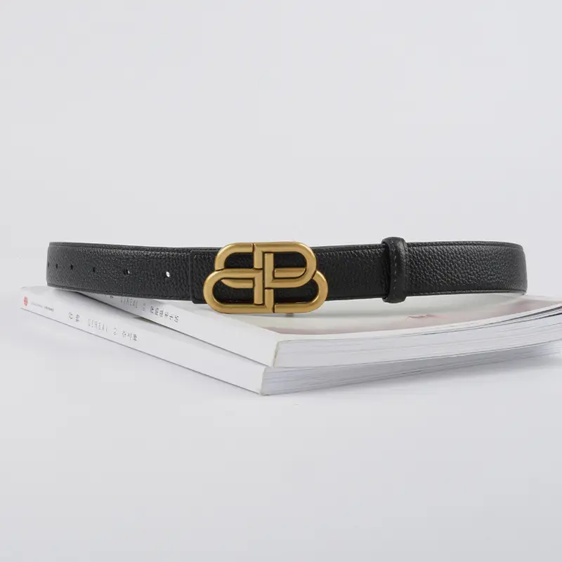 Women's Black Leather Belt with Gold Logo - Image 15