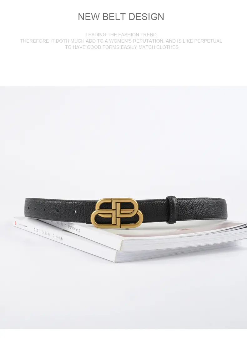 Women's Black Leather Belt with Gold Logo β feature 11