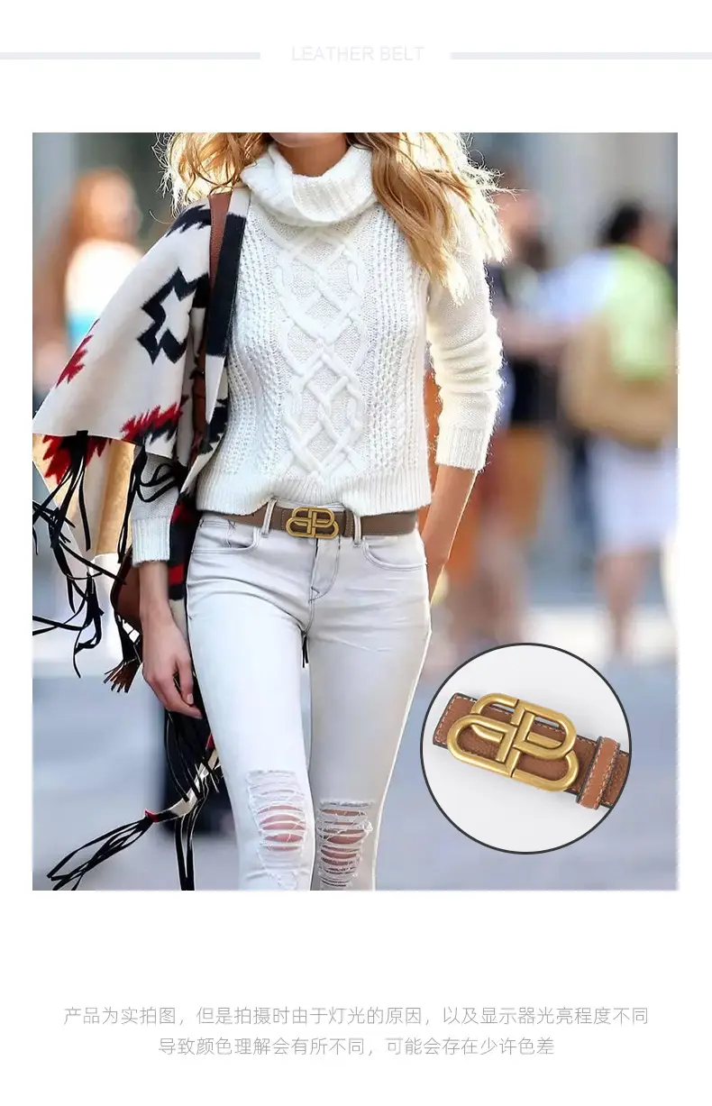 Women's Black Leather Belt with Gold Logo β feature 2