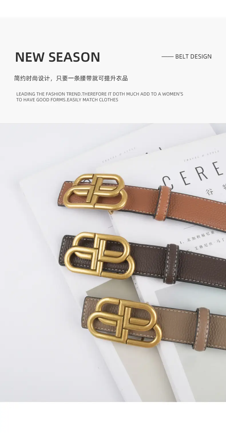 Women's Black Leather Belt with Gold Logo β feature 5