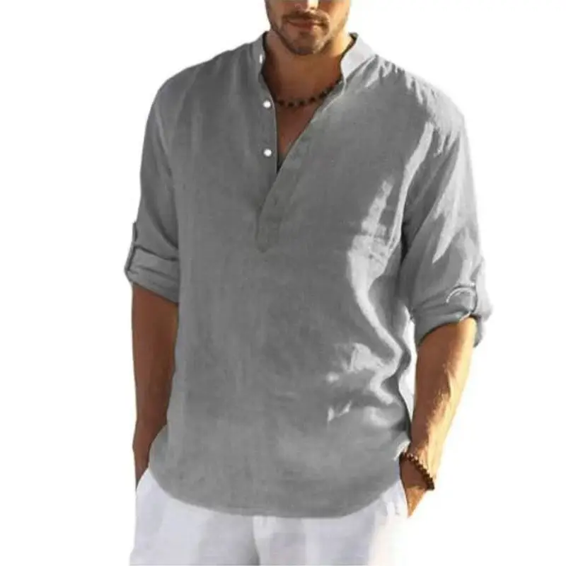 Men Cotton Long Sleeve Shirt Light Blue Loose Collar - Image 8