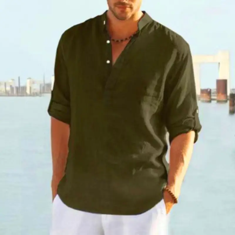 Men Cotton Long Sleeve Shirt Light Blue Loose Collar - Image 10