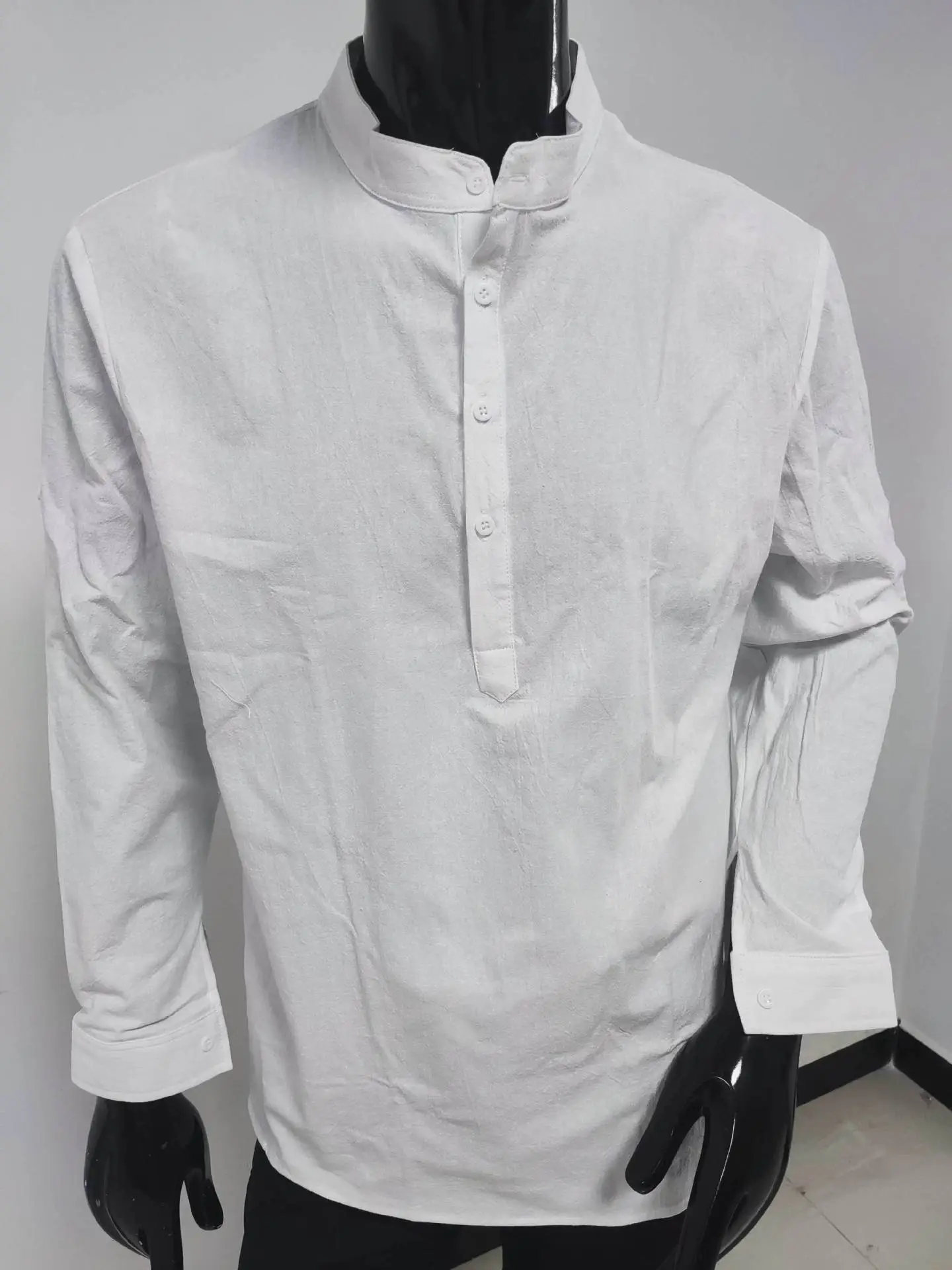 Men Cotton Long Sleeve Shirt Light Blue Loose Collar — feature 3