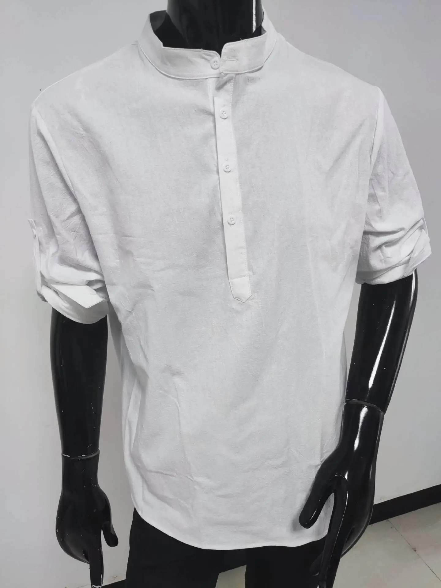 Men Cotton Long Sleeve Shirt Light Blue Loose Collar — feature 4