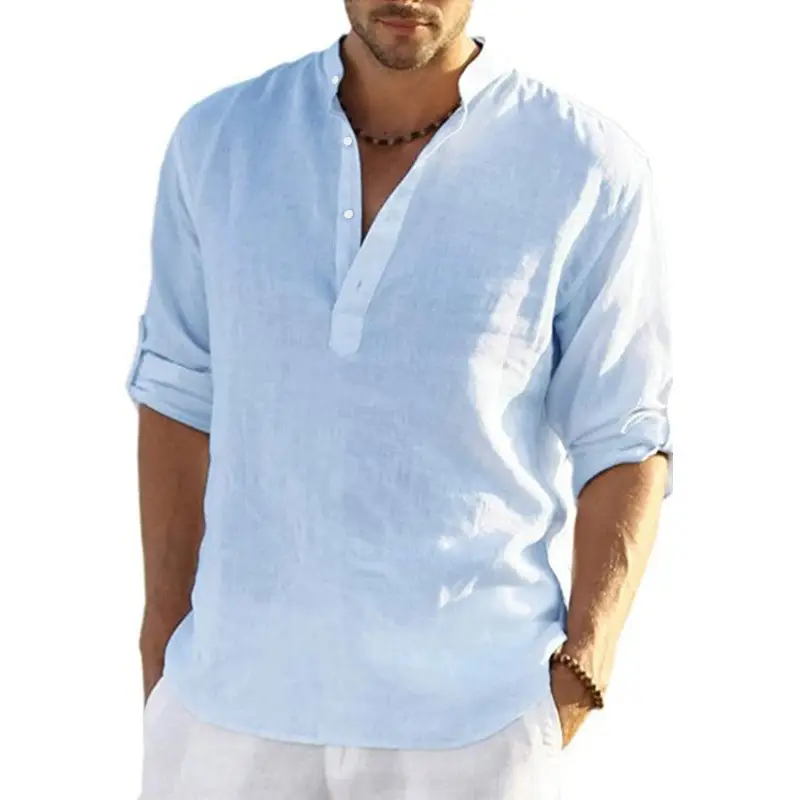 Men Cotton Long Sleeve Shirt Light Blue Loose Collar — feature 8