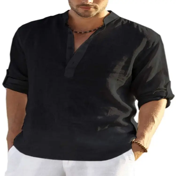 Men Cotton Long Sleeve Shirt Light Blue Loose Collar — feature 9