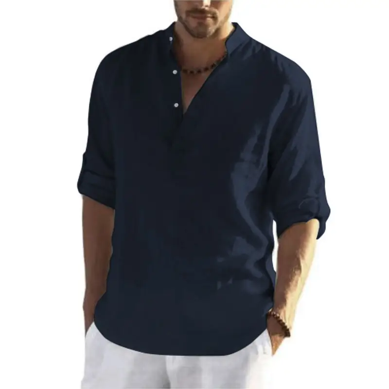 Men Cotton Long Sleeve Shirt Light Blue Loose Collar - Image 2