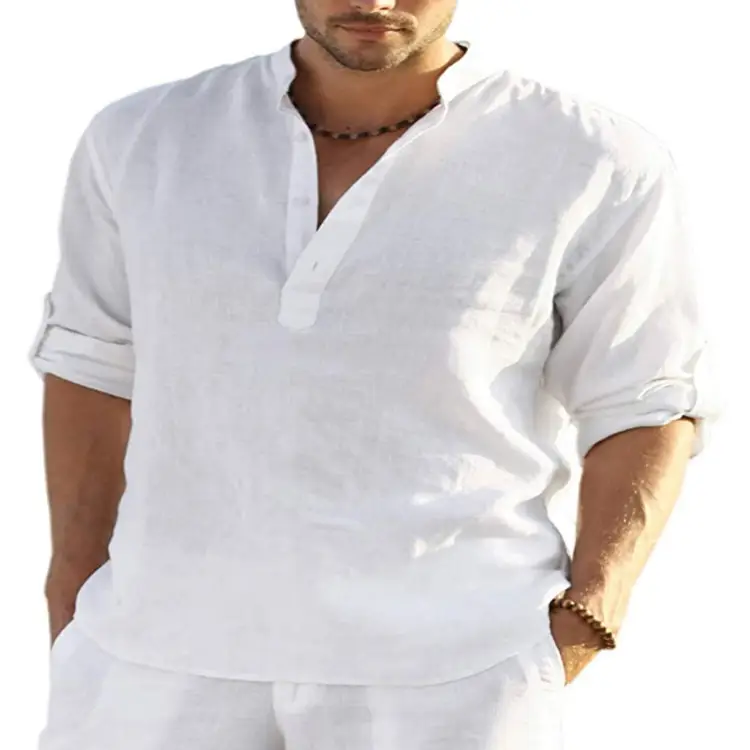 Men Cotton Long Sleeve Shirt Light Blue Loose Collar - Image 3