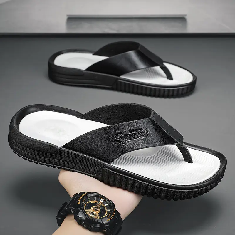 Summer flip flops men's Korean-style beach men's slippers leather surface plus size trendy outerwear sandals foreign trade cross-border wholesale - Image 3