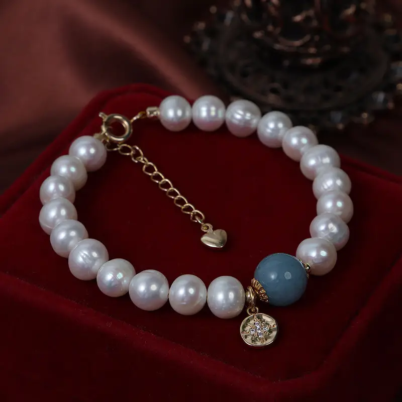 Vintage Pearl Bracelet with Blue Stone & Gold Clasp - Image 3