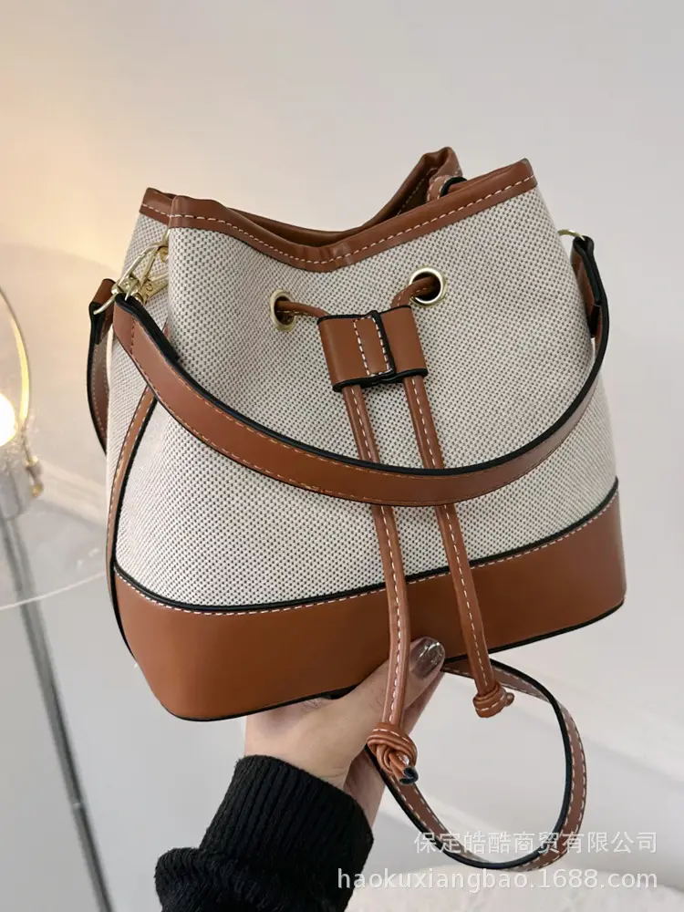 Korean Canvas Bucket Bag Color Contrast Shoulder Bag