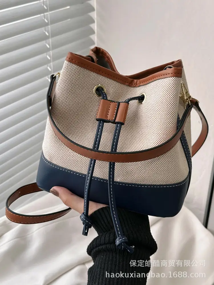 Korean Canvas Bucket Bag Color Contrast Shoulder Bag
