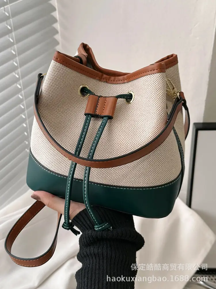 Korean Canvas Bucket Bag Color Contrast Shoulder Bag