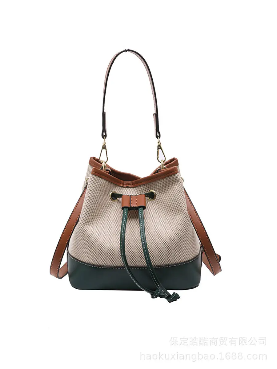 Korean Canvas Bucket Bag Color Contrast Shoulder Bag