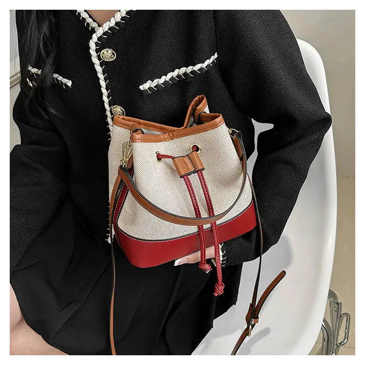 Korean Canvas Bucket Bag Color Contrast Shoulder Bag — feature 10