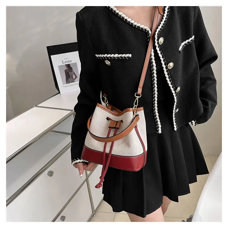 Korean Canvas Bucket Bag Color Contrast Shoulder Bag — feature 11