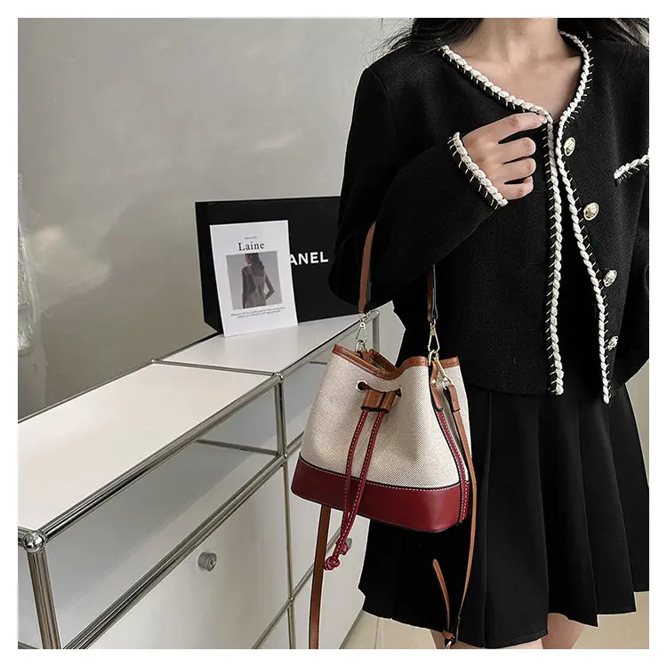 Korean Canvas Bucket Bag Color Contrast Shoulder Bag — feature 12