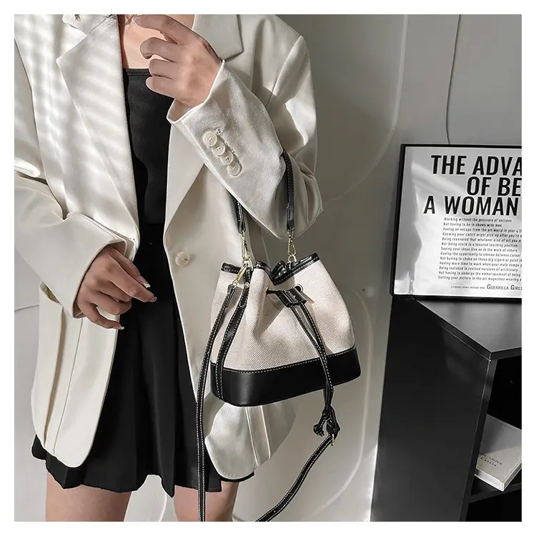 Korean Canvas Bucket Bag Color Contrast Shoulder Bag — feature 13