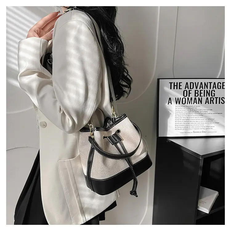 Korean Canvas Bucket Bag Color Contrast Shoulder Bag — feature 15