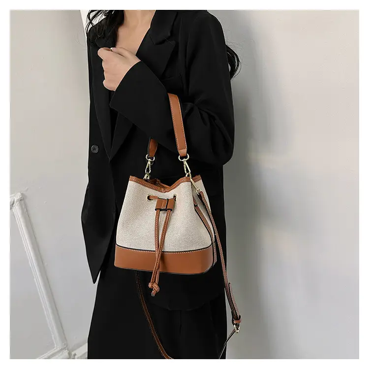 Korean Canvas Bucket Bag Color Contrast Shoulder Bag — feature 19