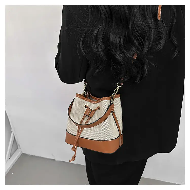 Korean Canvas Bucket Bag Color Contrast Shoulder Bag — feature 21