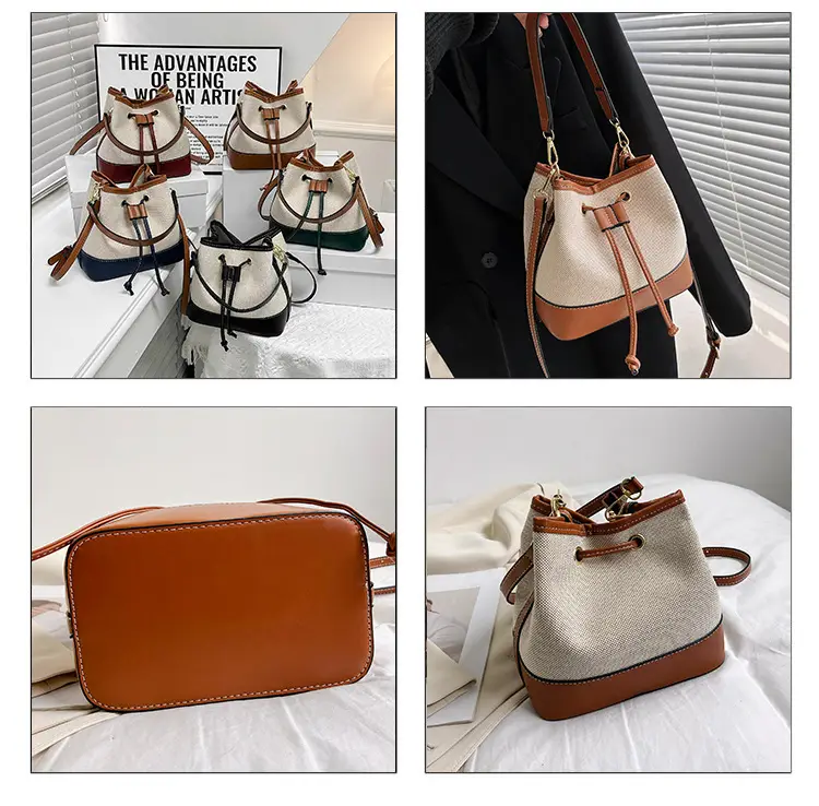 Korean Canvas Bucket Bag Color Contrast Shoulder Bag — feature 9
