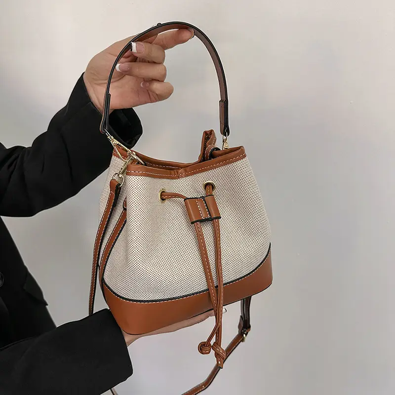 Korean Canvas Bucket Bag Color Contrast Shoulder Bag
