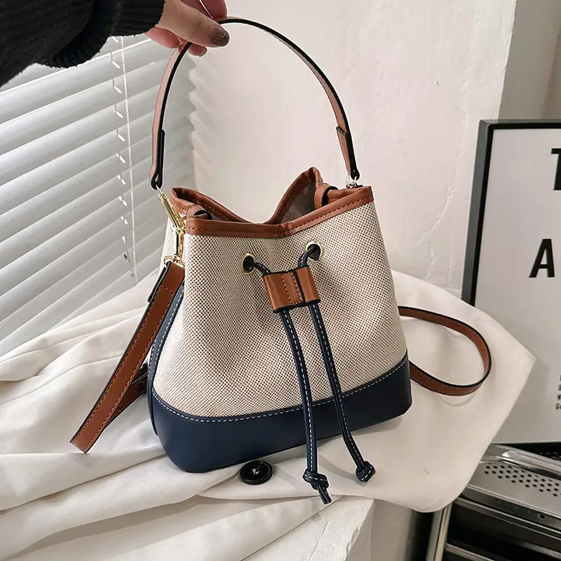 Korean Canvas Bucket Bag Color Contrast Shoulder Bag
