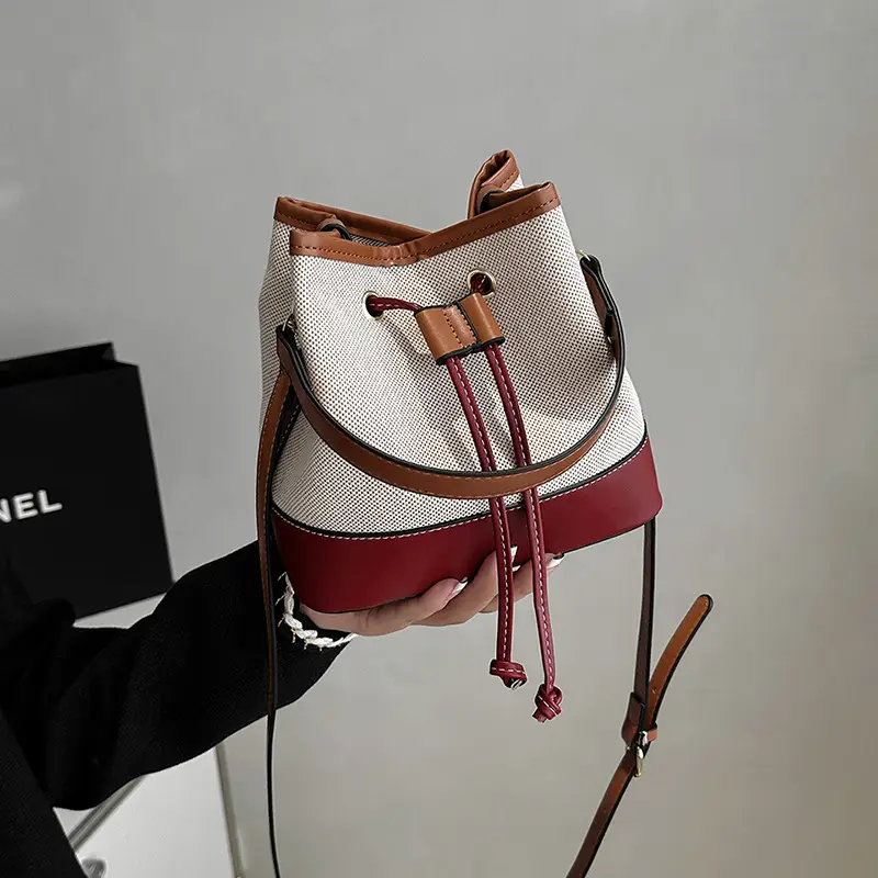 Korean Canvas Bucket Bag Color Contrast Shoulder Bag