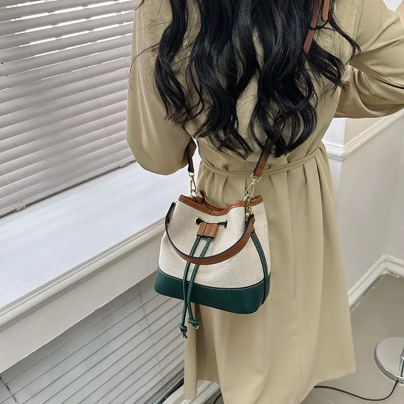 Korean Canvas Bucket Bag Color Contrast Shoulder Bag