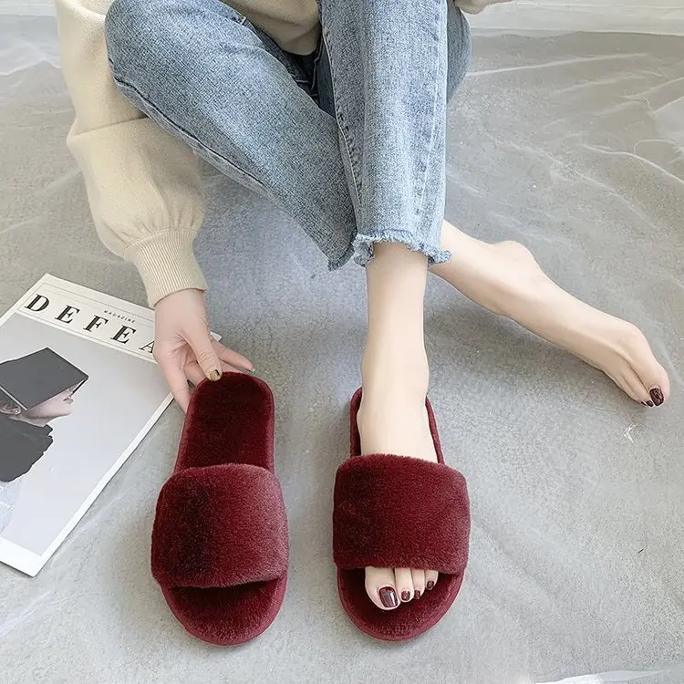 Foreign Trade Cotton Slippers Mao Mao Slippers Women's Indoor Home Autumn and Winter Short Plush Flat Open Slippers Large Size Slippers