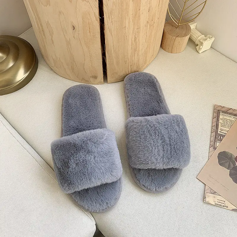 Foreign Trade Cotton Slippers Mao Mao Slippers Women's Indoor Home Autumn and Winter Short Plush Flat Open Slippers Large Size Slippers