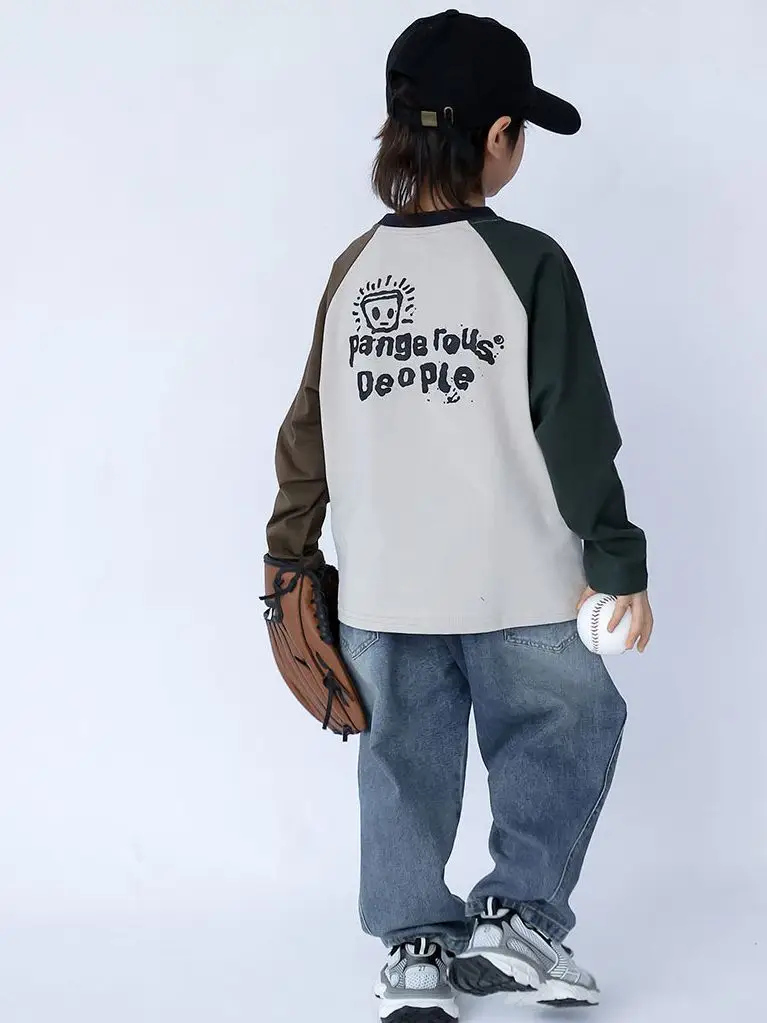 Kids Raglan Sleeve T-Shirt White Brown Black Letter Print - Image 4