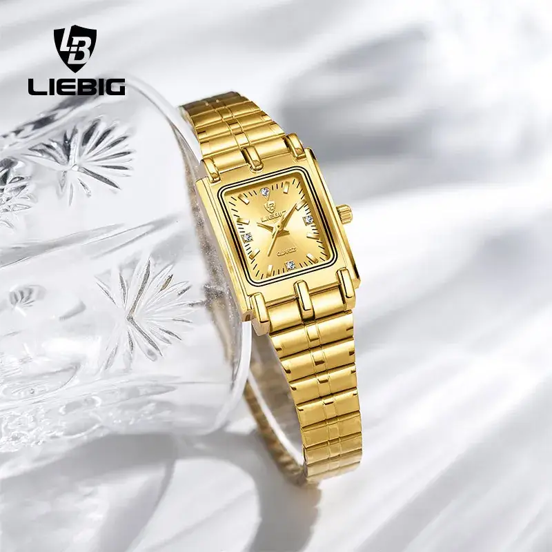 Liebig Women's Black Square Watch with Diamond Encrusted Steel Band