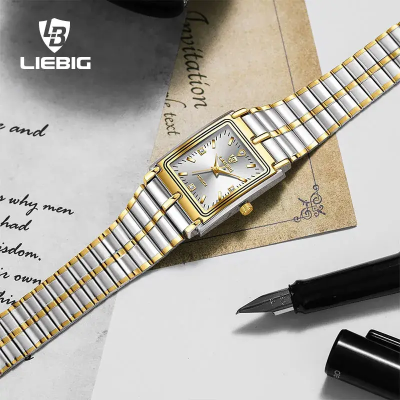 Liebig Women's Black Square Watch with Diamond Encrusted Steel Band