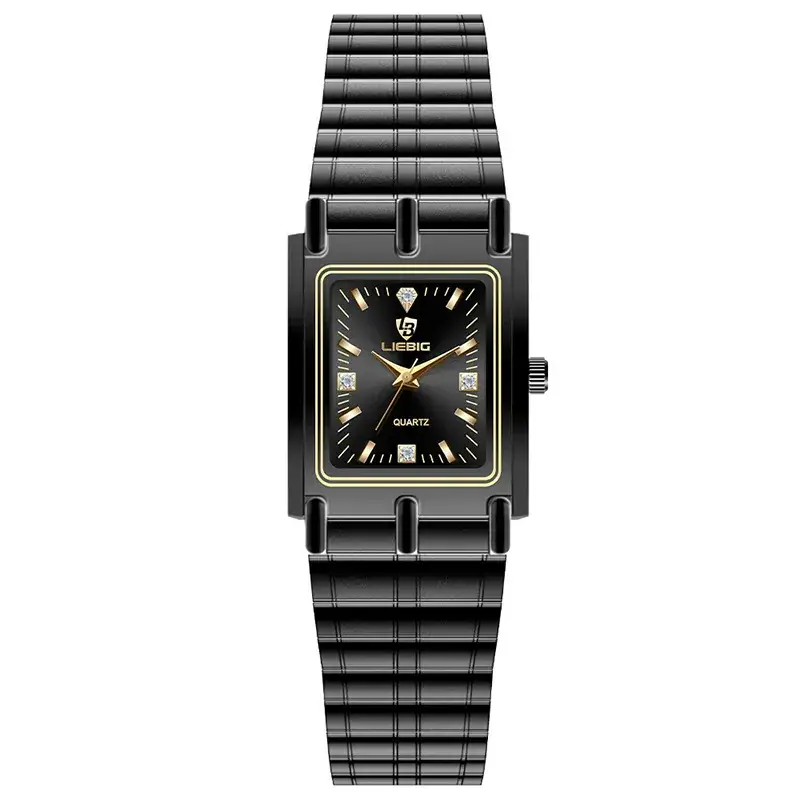 Liebig Women's Black Square Watch with Diamond Encrusted Steel Band