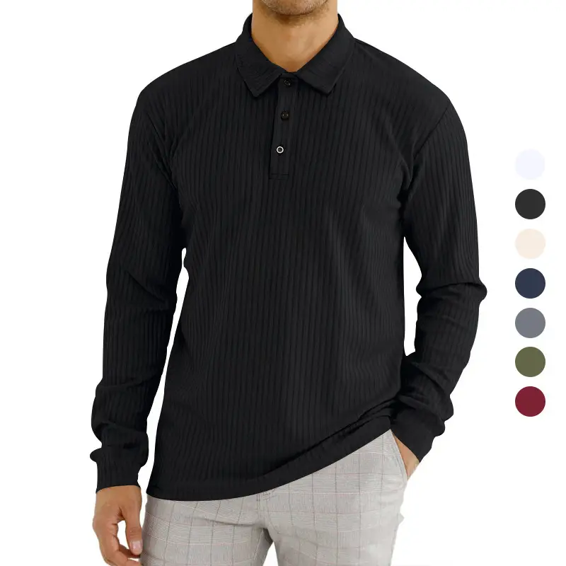 Men's Classic Button Long Sleeve Polo Shirt Beige Striped - Image 9