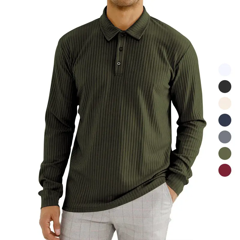 Men's Classic Button Long Sleeve Polo Shirt Beige Striped - Image 10