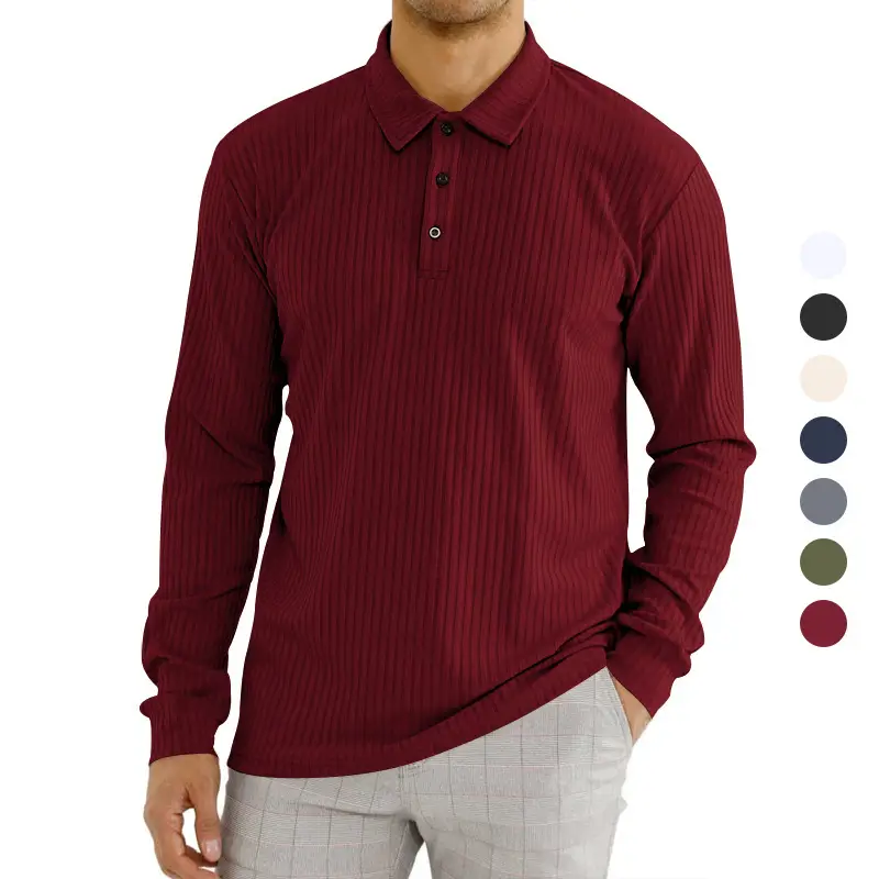 Men's Classic Button Long Sleeve Polo Shirt Beige Striped - Image 11