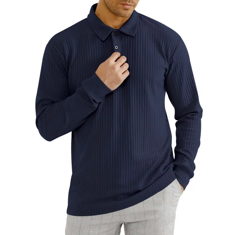 Men's Classic Button Long Sleeve Polo Shirt Beige Striped — feature 12